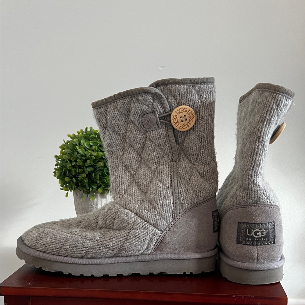 UGG Gray Knit Button Mid-Calf Boots